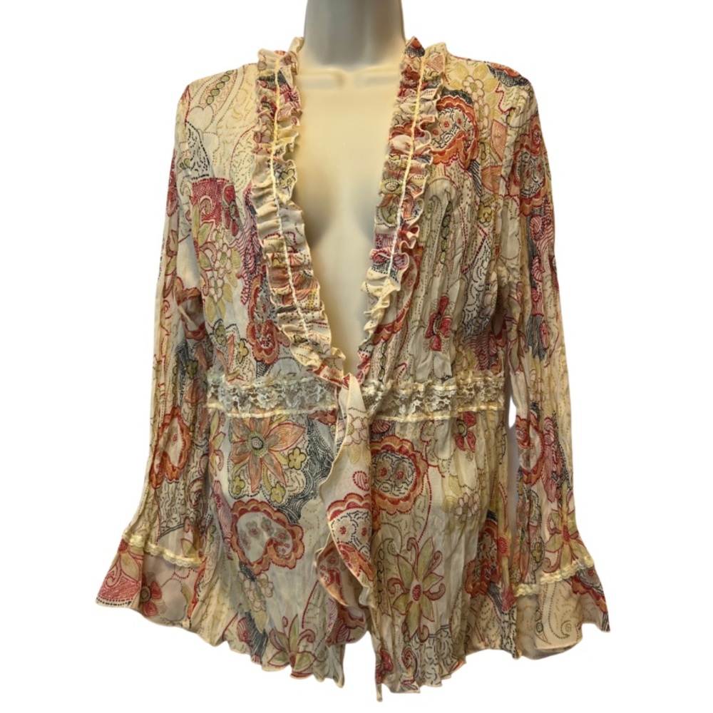 Piano Women’s Floral Print V Neck Tie Front With Bell Sleeves